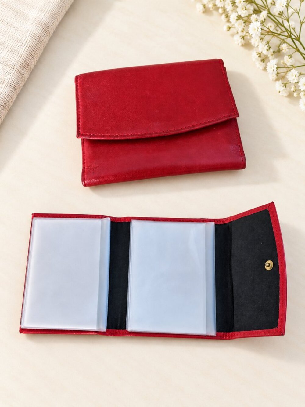 Nordstrom Womens Cherry Red Leather Trifold Wallet Compact Made in Germany 4x3